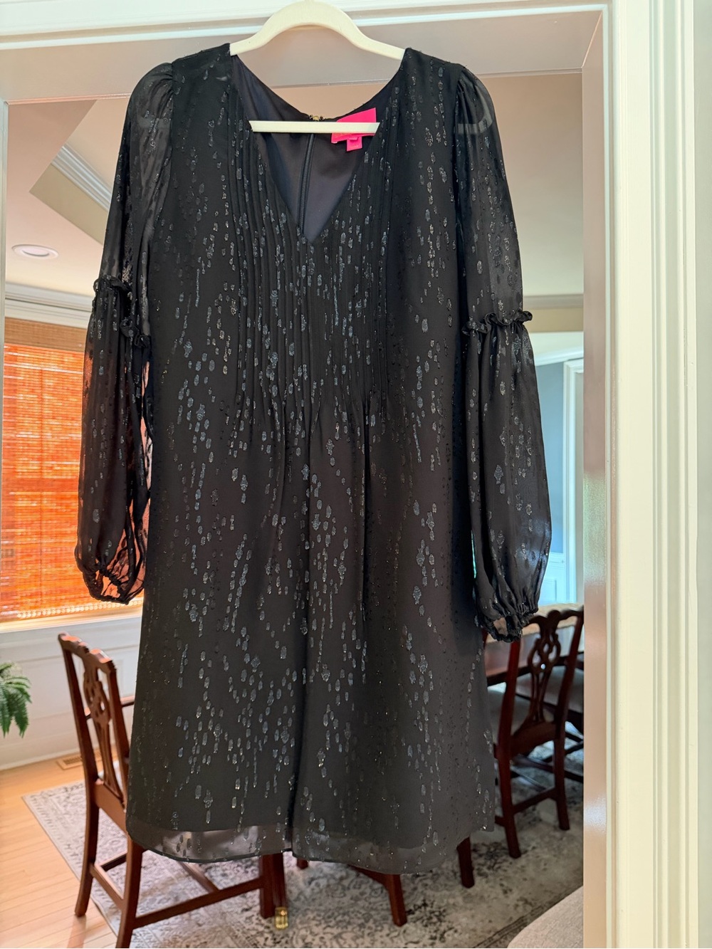 Lilly Pulitzer Cleme Black Sheer Metallic-Dot Long Sleeve Shift Dress